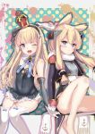  2girls azur_lane bangs bare_legs bare_shoulders black_panties blonde_hair blue_eyes blue_neckwear blue_ribbon blunt_bangs blush bow commentary_request crown detached_collar detached_sleeves epaulettes fang gloves hair_between_eyes hair_bow hairband highres holding_hands long_sleeves looking_at_viewer mini_crown multiple_girls navel neck_ribbon one_eye_closed open_mouth panties pout queen_elizabeth_(azur_lane) ribbon scarf schreibe_shura side-tie_panties sidelocks sitting skin_fang thighhighs thighs underwear warspite_(azur_lane) white_bow white_gloves white_legwear white_scarf 