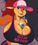  2019 anthro between_breasts beverage big_breasts blue_eyes bottomwear bra breast_implants breasts bubble_tea cleavage clothed clothing drinking female hair hat headgear headwear hi_res huge_breasts jogging looking_at_viewer mammal marika_(teer) meme red_hair rodent sciurid selfie smile solo sports_bra straw tea teer topwear tree_squirrel underwear 