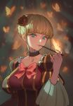  1girl bangs beatrice blonde_hair blue_eyes blunt_bangs bow breasts brown_choker bug butterfly choker commentary covered_nipples english_commentary flower hair_bun hair_flower hair_ornament holding holding_pipe insect large_breasts looking_at_viewer pink_bow pipe puffy_sleeves rose sidelocks smoking solo tim_loechner umineko_no_naku_koro_ni upper_body 