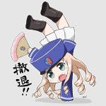  1girl blonde_hair blue_headwear blue_jacket boots drill_hair fang food food_on_face girls_und_panzer green_eyes handstand hat jacket long_hair long_sleeves marie_(girls_und_panzer) motokazu_(dontokodon) pleated_skirt shako_cap skirt solo white_skirt 