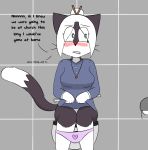  2019 anthro bathroom bittersweet_candy_bowl black_fur black_nose blush bottomwear breasts clothing domestic_cat dress embarrassed english_text felid feline felis female fur hair hi_res jasmine_(bcb) mammal nervous notmypornaccount panties pink_clothing pink_panties pink_underwear simple_background sitting skirt solo teenager text toilet toilet_paper toilet_use underwear webcomic white_fur white_hair young 