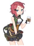  1girl ammunition_belt blue_eyes braid coffee coffee_cup commentary_request cup disposable_cup drooling explosive fingerless_gloves french_braid gloves grenade gun holding holding_gun holding_weapon original pleated_skirt ran_system red_hair short_hair skirt solo vest weapon white_background 