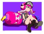  1girl absurdres artist_name bangs baseball_cap black_footwear black_headwear black_shorts blunt_bangs boots bracelet closed_mouth clothes_writing commentary cross-laced_footwear domino_mask elbow_rest grey_eyes gym_shorts hat heavy_splatling_(splatoon) highres inkling inkling_(language) invisible_chair jewelry lace-up_boots leaning_back leaning_on_object light_frown looking_away mask medium_hair otoboke-san outside_border pink_hair pointy_ears print_hat print_shirt purple_background purple_shirt shadow shirt short_shorts short_sleeves shorts signature simple_background sitting solo spiked_bracelet spikes splatoon_(series) splatoon_2 t-shirt tentacle_hair 