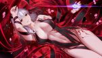  1girl arm_up armpits bangs bare_shoulders breasts cherry_blossoms cleavage dark_persona dark_sakura fate/stay_night fate_(series) glowing hair_ribbon highres large_breasts lips long_hair lying matou_sakura navel on_back pale_skin parted_lips petals red_background red_eyes revealing_clothes ribbon side_ribbon smile white_hair yijian_ma 