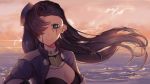  1girl arizona_(azur_lane) azur_lane backlighting black_hair black_tears blue_eyes blue_jacket breasts cleavage clenched_teeth collar commentary crying english_commentary evening hat jacket long_hair looking_at_viewer metal_collar ocean oil outdoors solo sunset tears teeth water zawijawa 