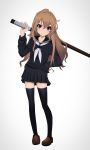  1girl absurdres aisaka_taiga bokken brown_eyes brown_hair drawdream1025 flat_chest highres kugimiya_rie long_hair palmtop_tiger school_uniform serafuku solo standing sword tachi-e thighhighs toradora! tsundere weapon wooden_sword zettai_ryouiki 