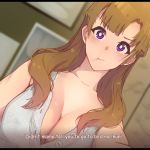  1girl absurdres blush breasts brown_hair cleavage english_text highres large_breasts looking_at_viewer mature oosuki_mamako outstretched_arm pout purple_eyes solo speech_bubble text_focus tsuujou_kougeki_ga_zentai_kougeki_de_ni-kai_kougeki_no_okaasan_wa_suki_desu_ka? unbuttoned upper_body 