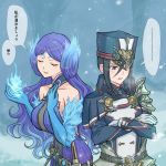  2girls artist_request breasts closed_eyes collarbone fire gloves hat highres kagutsuchi_(xenoblade) long_hair medium_breasts meleph_(xenoblade) military military_hat military_uniform multiple_girls pauldrons purple_hair reverse_trap short_hair simple_background smile translation_request uniform xenoblade_(series) xenoblade_2 
