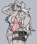 bones_(deermary) breasts cleavage clothed clothing curvaceous deermary female gesture hyaenid mammal overweight pose salute solo spotted_hyena stars_and_stripes swimwear united_states_of_america 