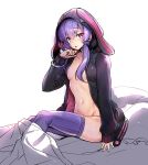  1girl ajishio bed_sheet black_cardigan bracelet breasts cardigan cleavage eyebrows_visible_through_hair groin hair_between_eyes hair_over_breasts hood hood_up hooded_cardigan jewelry long_hair long_sleeves looking_at_viewer medium_breasts navel open_cardigan open_clothes pillow purple_eyes purple_hair purple_legwear shiny shiny_hair simple_background sitting sketch solo thighhighs twintails voiceroid white_background yuzuki_yukari 