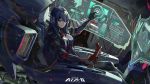  1girl bangs black_gloves black_hair breasts cleavage cleavage_cutout closed_mouth commentary_request gloves hair_between_eyes headgear heads-up_display highres interior iron_saga large_breasts logo long_hair long_sleeves looking_at_viewer mecha oboro_(iron_saga) official_art red_eyes sitting solo very_long_hair 