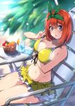  1girl arm_under_breasts bangs bare_shoulders basket beach_chair blue_eyes blush bow breasts cleavage commentary_request drink drinking_straw food frilled_skirt frills front-tie_top fruit go-toubun_no_hanayome green_bikini_top green_ribbon green_skirt hair_between_eyes hair_ribbon halterneck highres kagari_leroy large_breasts looking_at_viewer miniskirt nakano_yotsuba navel open_mouth orange_hair palm_tree parted_lips ribbon sand short_hair sitting skirt solo swimsuit table thighs tree 