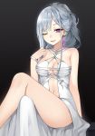  1girl ak-12_(girls_frontline) bangs bare_shoulders black_background breasts canape_(canape0130) cleavage commentary crossed_legs dress earrings eyebrows_visible_through_hair girls_frontline glowing hand_up jewelry long_hair medium_breasts navel one_eye_closed parted_lips purple_eyes silver_hair sitting smile solo white_dress 