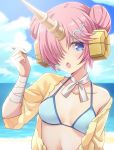  1girl :o bandaged_arm bandages beach blue_bikini_top blue_eyes blue_sky blurry blurry_background breasts choker cleavage cloud collarbone day double_bun eyebrows_visible_through_hair fate/grand_order fate_(series) frankenstein&#039;s_monster_(fate) frankenstein&#039;s_monster_(swimsuit_saber)_(fate) hair_ornament hair_over_one_eye holding holding_spoon looking_at_viewer navel ocean outdoors pink_hair ribbon ribbon_choker short_hair sky small_breasts solo spoon upper_body walkure white_ribbon 