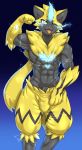  2019 anthro blue_eyes felid fur hi_res humanoid_penis legendary_pok&eacute;mon looking_at_viewer male mammal muscular muscular_male navel nintendo nukde open_mouth penis penis_base pok&eacute;mon pok&eacute;mon_(species) smile solo video_games yellow_fur zeraora 