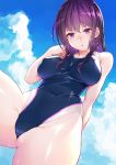  1girl black_hair black_swimsuit blue_sky breasts cloud collarbone commentary_request competition_swimsuit cowboy_shot day highleg highleg_swimsuit kibanda_gohan long_hair medium_breasts one-piece_swimsuit original outdoors purple_eyes sky solo swimsuit 