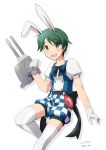  1girl adapted_turret alternate_costume animal_ears bangs bunny_ears checkered_shorts enemy_lifebuoy_(kantai_collection) feet_out_of_frame gloves green_eyes green_hair kantai_collection looking_at_viewer mogami_(kantai_collection) nao_(nao_eg) pocket_watch puffy_sleeves short_hair short_sleeves shorts simple_background smile solo swept_bangs thighhighs watch white_background white_gloves white_legwear 