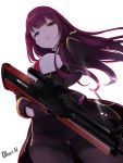  1girl absurdres bangs black_gloves black_legwear black_skirt blazer breasts bullpup eyebrows_visible_through_hair fang floating_hair framed_breasts girls_frontline gloves gun hair_ribbon high-waist_skirt highres holding holding_gun holding_weapon jacket long_hair long_sleeves medium_breasts necktie nino_(shira) open_mouth panties panty_peek pantyhose purple_hair red_eyes red_neckwear ribbon rifle simple_background skin_fang skirt sniper_rifle solo twitter_username underwear wa2000_(girls_frontline) walther walther_wa_2000 weapon white_background white_panties 