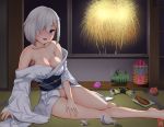  1girl bare_legs barefoot blue_eyes blue_sash blush breasts cleavage collarbone convenient_arm crushed_can eyes_visible_through_hair fireworks floral_print food hair_ornament hair_over_one_eye hairclip hamakaze_(kantai_collection) japanese_clothes kantai_collection kimono large_breasts looking_at_viewer lying messy_hair night nori_senbei_(norisenbei_1) obi on_side open_clothes open_kimono open_mouth sash seductive_smile short_hair silver_hair smile solo white_kimono wide_sleeves 
