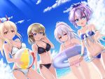  4girls :d ayanami_(azur_lane) azur_lane ball bare_arms bare_shoulders beachball bikini black_bikini blonde_hair blue_bikini blue_ribbon blue_sky bow breasts brown_hair cleavage closed_mouth cloud collarbone commentary_request day frilled_bikini frills hair_bow hair_ornament hair_ribbon hair_scrunchie halter_top halterneck headgear high_ponytail holding holding_ball horizon innertube iron_cross javelin_(azur_lane) laffey_(azur_lane) medium_breasts multiple_girls navel ocean open_mouth outdoors outstretched_arm pink_bikini pink_scrunchie ponytail purple_hair ribbon scrunchie side-tie_bikini sidelocks silver_hair sky small_breasts smile striped striped_bow swimsuit transparent u2_(5798239) water white_bikini z23_(azur_lane) 