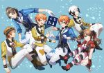  5boys ;o aoi_kyousuke aoi_yuusuke blue_background boots bow bowtie brothers brown_hair bunny_tail fake_tail fingerless_gloves floating gloves headband highres hood hoodie idol idolmaster idolmaster_side-m intelli_crystal_blue kitamura_sora male_focus mental_sunny_yellow mizushima_saki multiple_boys necktie number one_eye_closed orange_hair otoko_no_ko pants physical_star_red red_footwear short_sleeves shorts siblings smile star starry_background striped striped_legwear tail takumi_(scya) thighhighs twins twintails v waistcoat wakazato_haruna white_neckwear white_pants yamashita_jirou 