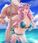  1boy 1girl bangs bikini blue_bikini blue_eyes blue_sky breasts cleavage cloud collarbone covered_nipples cowboy_shot day doggystyle earrings fire_emblem fire_emblem_heroes floating_hair flower gunnthra_(fire_emblem) hair_flower hair_ornament head_wreath jewelry large_breasts long_hair navel ocean open_mouth outdoors pink_hair sarong sex shiny shiny_hair sky standing standing_sex sunlight swimsuit thor_(deep_rising) torn_clothes very_long_hair wading white_flower wrist_grab 