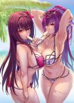  2girls alternate_costume arms_behind_head ass asymmetrical_docking bangs bare_shoulders beach bikini blush bracelet breast_press breasts butt_crack choker cleavage collarbone cowboy_shot day eyebrows_visible_through_hair fate/grand_order fate_(series) flower food hair_between_eyes hair_flower hair_ornament hibiscus highres holding jewelry large_breasts long_hair looking_at_viewer mouth_hold multiple_girls navel outdoors popsicle purple_bikini purple_hair red_eyes scathach_(fate)_(all) scathach_(fate/grand_order) scathach_(swimsuit_assassin)_(fate) scathach_skadi_(fate/grand_order) skindentation sucking swimsuit tiara very_long_hair zhen_lu 