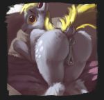  anus blonde_hair clitoral_winking clitoris derpy_hooves_(mlp) dock earth_pony eqlipse_(artist) equid equine female feral friendship_is_magic fur grey_fur hair horse looking_at_viewer looking_back mammal my_little_pony nude painterly pillow pony pussy rear_view solo yellow_eyes 