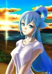  1girl aqua_(konosuba) bangs beach blue_eyes blue_hair blue_sky cloud collarbone covered_nipples dated day floating_hair highres kono_subarashii_sekai_ni_shukufuku_wo! lens_flare long_hair ocean oshiyon outdoors see-through shirt short_sleeves sky smile solo sun tied_hair twitter_username upper_body very_long_hair white_shirt 