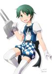  1girl adapted_turret alternate_costume bangs checkered_shorts commentary_request feet_out_of_frame gloves green_eyes green_hair kantai_collection looking_at_viewer mogami_(kantai_collection) nao_(nao_eg) puffy_sleeves short_hair short_sleeves shorts simple_background smile solo swept_bangs thighhighs white_background white_gloves white_legwear 