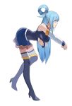  1girl absurdres aqua_(konosuba) ass black_legwear blue_eyes blue_hair boots breasts detached_sleeves full_body hair_ornament hair_rings high_heel_boots high_heels highres kono_subarashii_sekai_ni_shukufuku_wo! large_breasts long_hair looking_to_the_side profile simple_background skirt solo standing takamitsu-kun thigh_boots thighhighs very_long_hair white_background 