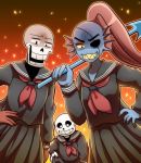  animated_skeleton anthro blue_skin bone clothed clothing crossdressing eye_patch eyewear female fish group hair hi_res japanese_uniform looking_at_viewer male marine mix_2180 papyrus_(undertale) ponytail red_hair sans_(undertale) sharp_teeth skeleton smile teeth undead undertale undyne uniform video_games 