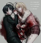  1boy 1girl ahoge akamatsu_kaede black_hair black_jacket black_pants blonde_hair blood blood_on_face bloody_clothes bloody_hair bloody_knife closed_eyes couple cowboy_shot danganronpa deep_wound from_above grey_background highres holding holding_hands holding_knife injury jacket knife long_hair long_sleeves lying miniskirt musical_note musical_note_hair_ornament musical_note_print new_danganronpa_v3 on_side pants parted_lips pink_sweater pleated_skirt print_skirt purple_skirt saihara_shuuichi shirt simple_background skirt sweater sweater_vest white_shirt xino 