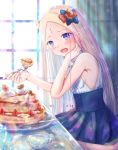  1girl abigail_williams_(fate/grand_order) backlighting bangs bare_shoulders black_bow black_skirt blonde_hair blue_eyes blush bow breasts cup eating fate/grand_order fate_(series) food forehead fork fruit hair_bow high-waist_skirt highres long_hair looking_at_viewer open_mouth orange_bow pancake parted_bangs plate sanka_tan skirt small_breasts smile solo strawberry teacup teapot window 