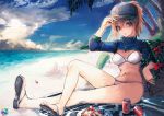  1girl ahoge artoria_pendragon_(all) baseball_cap beach beach_mat bikini blonde_hair blue_eyes blue_headwear blue_jacket breasts can cloud cloudy_sky commentary_request cropped_jacket day fate/grand_order fate_(series) flower food hair_between_eyes hat hibiscus holding holding_eyewear jacket medium_breasts mysterious_heroine_xx_(foreigner) navel ocean outdoors palm_tree ponytail rean_(r_ean) sandals shrug_(clothing) sky soda_can solo swimsuit tree white_bikini wristband zipper_pull_tab 
