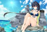  1girl alternate_costume bikini black_hair blue_bikini blush breasts choker cleavage closed_mouth cloud collarbone day front-tie_bikini front-tie_top green_jacket hand_on_own_leg ichinomiya_(blantte) jacket jewelry kantai_collection large_breasts long_hair looking_at_viewer ocean off_shoulder on_rock outdoors ponytail purple_hair rigging ring rock sidelocks sitting sky smile smokestack solo swimsuit turret very_long_hair wedding_band yahagi_(kantai_collection) 