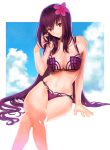  1girl bangs bare_shoulders bikini blue_sky blush border bracelet breasts cleavage closed_mouth collarbone crossed_legs fate/grand_order fate_(series) flower hair_between_eyes hair_flower hair_intakes hair_ornament hibiscus jewelry large_breasts long_hair looking_at_viewer navel parted_lips purple_bikini purple_hair red_eyes scathach_(fate)_(all) scathach_(swimsuit_assassin)_(fate) sitting sky smile solo suzuri_ir swimsuit thighs white_border 