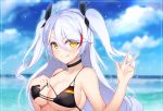  1girl :q azur_lane bikini bikini_top black_bikini black_bikini_top black_choker black_ribbon blue_sky breasts choker chunyineo cloud collarbone commentary_request day eyebrows_visible_through_hair eyes_visible_through_hair flag_print german_flag german_flag_bikini hair_between_eyes hair_ribbon heart highres large_breasts long_hair looking_at_viewer multicolored_hair ocean prinz_eugen_(azur_lane) red_hair ribbon sky solo swimsuit tongue tongue_out two-tone_hair two_side_up upper_body v white_hair yellow_eyes 