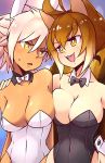  2girls animal_ears antenna_hair artist_name bare_shoulders black_leotard black_neckwear blazblue blush bow bowtie breasts brown_eyes brown_hair bullet_(blazblue) bunny_ears bunny_girl bunnysuit cleavage commentary covered_navel dark_skin detached_collar doyagao english_commentary eye_contact eyebrows_visible_through_hair face-to-face fake_animal_ears hair_between_eyes hand_on_another&#039;s_shoulder highres large_breasts leotard looking_at_another lyn_(shunao) makoto_nanaya multicolored_hair multiple_girls open_mouth short_hair smile smug squirrel_ears squirrel_girl squirrel_tail strapless strapless_leotard sweatdrop tail v-shaped_eyebrows white_hair white_leotard wrist_cuffs yellow_eyes 