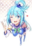  1girl aqua_(konosuba) bare_shoulders blue_eyes blue_footwear blue_hair blue_legwear blue_shirt blue_skirt boots bow detached_sleeves green_bow hair_ornament hair_rings kono_subarashii_sekai_ni_shukufuku_wo! long_hair open_mouth shirt skirt subachi very_long_hair x_hair_ornament 