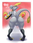  2019 anthro anus backsack balls bent_over big_balls big_butt biped butt claws comfycushion digital_media_(artwork) digitigrade dragon girly hakamo-o hi_res looking_at_viewer looking_back male nintendo pok&eacute;mon pok&eacute;mon_(species) pose presenting presenting_hindquarters rear_view reptile scalie simple_background solo standing thick_thighs video_games wide_hips 