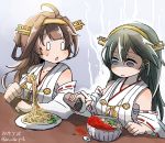  2girls ahoge aoba_(akibajun) bangs black_hair blush bowl breasts brown_hair collarbone dated detached_sleeves double_bun eyebrows_visible_through_hair food fork hair_ornament hairband hairclip haruna_(kantai_collection) highres holding holding_fork japanese_clothes kantai_collection kongou_(kantai_collection) long_hair multiple_girls nontraditional_miko noodles open_mouth plate ribbon ribbon-trimmed_sleeves ribbon_trim shaded_face sitting spice spill sweat table twitter_username wide_sleeves 