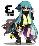 1girl bandage_on_face bangs bike_shorts black_cape black_footwear black_jacket black_shorts blunt_bangs cape closed_mouth commentary domino_mask english_commentary english_text full_body green_hair hand_on_headwear headgear hero_shot_(splatoon) holding holding_weapon inkling jacket light_blush light_frown long_hair long_sleeves looking_at_viewer maco_spl mask pointy_ears red_eyes shoes shorts simple_background single_vertical_stripe sneakers solo splatoon_(series) splatoon_1 splatoon_2 splatoon_2:_octo_expansion squidbeak_splatoon standing tentacle_hair torn_cape torn_clothes vest weapon white_background yellow_vest 