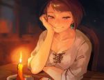  1girl absurdres akaneko_(redakanekocat) blue_earrings blurry blurry_background blush breasts brown_eyes brown_hair candle chair cleavage fire flame hand_on_own_cheek highres indoors looking_at_viewer night pixiv_fantasia pixiv_fantasia_last_saga rudia_of_the_moon_smile short_hair sitting smile solo table upper_body 