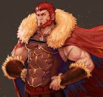  1boy abs armor bara beard body_hair breastplate cape chest facial_hair fate/zero fate_(series) fur_collar hand_on_hip highres looking_at_viewer male_focus manly muscle pectorals red_eyes red_hair rider_(fate/zero) rumlockerart scar simple_background solo 