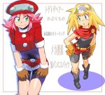  2girls belt bike_shorts blonde_hair blush breasts brown_gloves brown_hair cabbie_hat closed_mouth commentary_request cosplay costume_switch gloves graphite_(medium) green_eyes hat long_hair millipen_(medium) multiple_girls namco_x_capcom onnaski open_mouth penne_(zoids_wild) pink_hair red_headwear red_shorts rockman rockman_dash roll_caskett short_sleeves shorts shorts_under_skirt simple_background smile traditional_media zoids_wild 