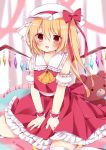  1girl :d ai_1003 ascot bangs between_legs blonde_hair blurry blurry_background blush bow brown_eyes commentary_request crystal depth_of_field detached_sleeves eyebrows_visible_through_hair fang flandre_scarlet frilled_sailor_collar frilled_skirt frills hair_between_eyes hand_between_legs hat highres long_hair looking_at_viewer mob_cap one_side_up open_mouth orange_neckwear puffy_short_sleeves puffy_sleeves red_bow red_skirt red_vest sailor_collar shirt short_sleeves sidelocks skirt sleeveless sleeveless_shirt smile solo stuffed_animal stuffed_toy teddy_bear thighhighs touhou vest white_headwear white_legwear white_sailor_collar white_shirt white_sleeves wings wrist_cuffs 