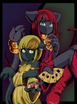  absurd_res anthro black_fur blonde_hair card cash_(linyuenj) clothed clothing dice domestic_cat duo ecaflip felid feline felis female fur goshaag gra_(kuropapu) green_eyes hair hi_res mammal red_hair video_games wakfu yellow_eyes 