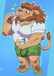  2019 4_fingers anthro beard bottomwear brown_hair bulge clothing dessert eating facial_hair felid fingers food footwear hair hi_res ice_cream lion loneliestbara male mammal muscular muscular_male pantherine sandals shirt shorts solo spoom standing tongue tongue_out topwear 