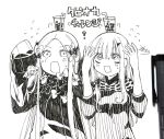 2girls ? abigail_williams_(fate/grand_order) arms_up bangs bendy_straw bow bubble_tea cup disposable_cup dress drink drinking_straw fate/grand_order fate_(series) flying_sweatdrops forehead greyscale hair_between_eyes hair_bow highres lavinia_whateley_(fate/grand_order) long_hair long_sleeves monochrome multiple_girls no_hat no_headwear on_head open_mouth parted_bangs photo signature sleeves_past_fingers sleeves_past_wrists sofra traditional_media translation_request v-shaped_eyebrows very_long_hair wavy_mouth 